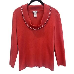 Cache Orange Silk Blend Ribbed Cowl Neck Sweater White Trim Embroidery Large